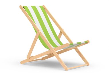 Yeşil çizgili plaj sandalyesi beyaz arka planda izole edilmiş. 3D plaj, okyanus tatili ve yaz tatilleri.