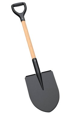 Beyaz arka planda izole edilmiş tahta saplı bahçe küreği. Çiftlik ve yaz kampı için 3D bahçe aletleri ve ekipman.