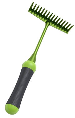 Beyaz arka planda izole edilmiş saman hasadı için ahşap saplı tırmık. Çiftlik ve hasat için 3D bahçe aleti ve ekipmanı