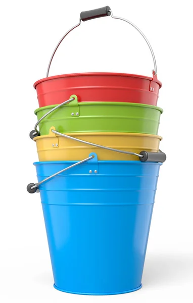 Set Metal Garden Buckets Isolated White Background Render Care Hydration — Stock Photo, Image
