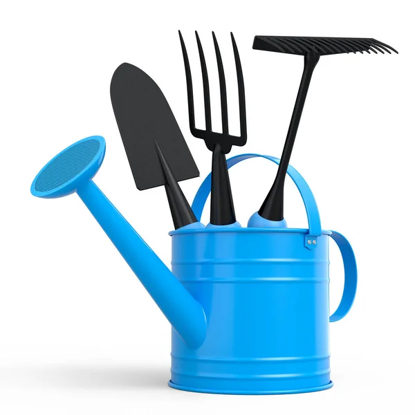 Watering Can Garden Tools Shovel Rake Fork White Background Render — Stock Photo, Image