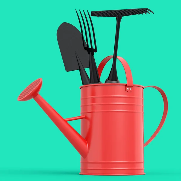 Watering can with garden tools like shovel, rake and fork on green background. 3d render concept of horticulture and farming supplies