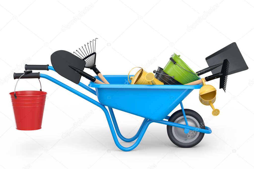 Garden wheelbarrow with garden tools like shovel, watering can and fork on white background. Handcart or cart with wheel. 3d render of farm gardening tool for carriage of cargoes.