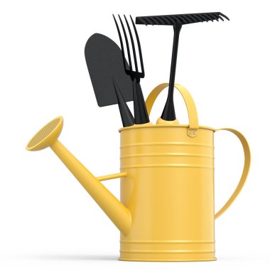 Beyaz arka planda kürek, tırmık ve çatal gibi bahçe aletleriyle sulama tenekesi. 3D bahçe işleri ve tarım malzemeleri kavramı