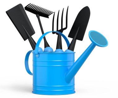 Beyaz arka planda kürek, tırmık ve çatal gibi bahçe aletleriyle sulama tenekesi. 3D bahçe işleri ve tarım malzemeleri kavramı