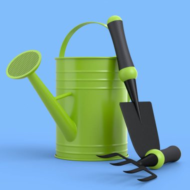 Watering can with garden tools like shovel, rake and fork on blue background. 3d render concept of horticulture and farming supplies