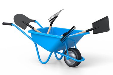 Bahçe el arabası, arka planda kürek, tırmık ve çatal gibi aletlerle. El arabası ya da direksiyonlu bir araba. Kargo taşımacılığı için 3D tarım bahçesi oluşturma aracı.