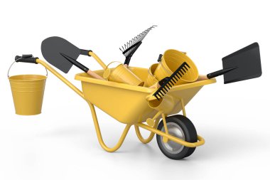 Bahçe el arabası, kürek, su kovası ve beyaz arka planda çatal gibi aletler. El arabası ya da direksiyonlu bir araba. Kargo taşımacılığı için 3D tarım bahçesi oluşturma aracı.
