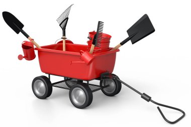 Bahçe el arabası, kürek, su kovası ve beyaz arka planda çatal gibi aletler. El arabası ya da direksiyonlu bir araba. Kargo taşımacılığı için 3D tarım bahçesi oluşturma aracı.