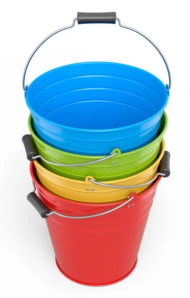 Set Metal Garden Buckets Isolated White Background Render Care Hydration — Photo