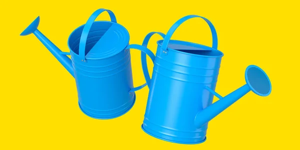 Set Watering Can Isolated Yellow Background Render Concept Gardening Equipment — Zdjęcie stockowe