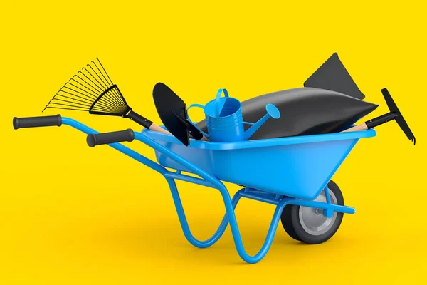 Garden wheelbarrow with garden tools like shovel, watering can and fork on yellow background. Handcart or cart with wheel. 3d render of farm gardening tool for carriage of cargoes.