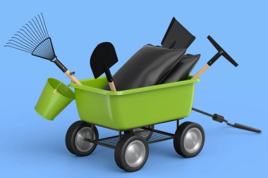 Garden wheelbarrow with garden tools like shovel, watering can and fork on blue background. Handcart or cart with wheel. 3d render of farm gardening tool for carriage of cargoes.