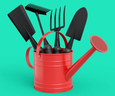 Watering can with garden tools like shovel, rake and fork on green background. 3d render concept of horticulture and farming supplies