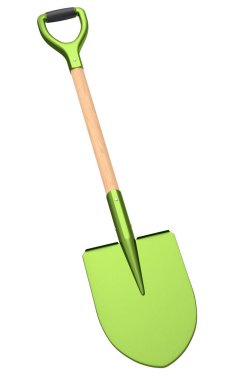 Beyaz arka planda izole edilmiş tahta saplı bahçe küreği. Çiftlik ve yaz kampı için 3D bahçe aletleri ve ekipman.