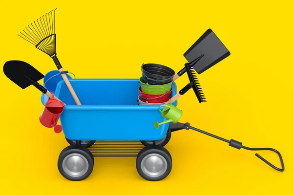 Garden wheelbarrow with garden tools like shovel, watering can and fork on yellow background. Handcart or cart with wheel. 3d render of farm gardening tool for carriage of cargoes.