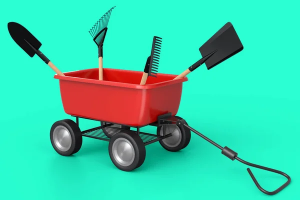 Garden wheelbarrow with garden tools like shovel, rake and fork on green background. Handcart or cart with wheel. 3d render of farm gardening tool for carriage of cargoes.