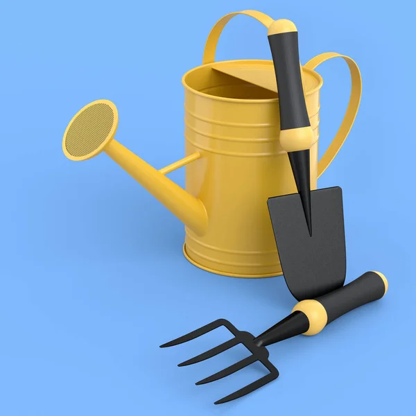 Watering can with garden tools like shovel, rake and fork on blue background. 3d render concept of horticulture and farming supplies