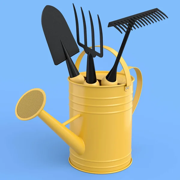 Watering Can Garden Tools Shovel Rake Fork Blue Background Render — Stock Photo, Image