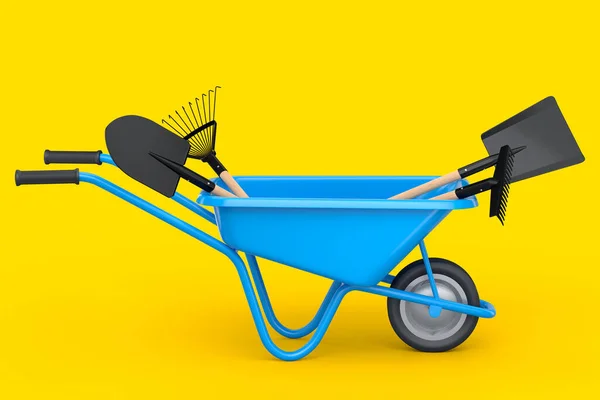 Garden wheelbarrow with garden tools like shovel, rake and fork on yellow background. Handcart or cart with wheel. 3d render of farm gardening tool for carriage of cargoes.