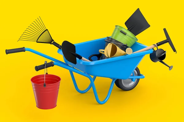 Garden wheelbarrow with garden tools like shovel, watering can and fork on yellow background. Handcart or cart with wheel. 3d render of farm gardening tool for carriage of cargoes.