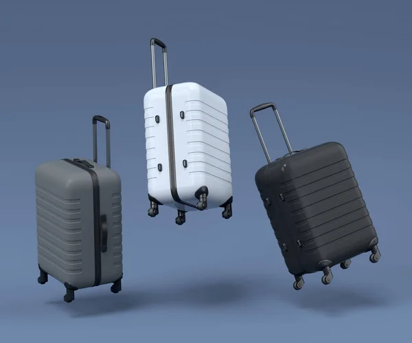 Colorful Suitcase Baggage Flying Black White Background Render Summer Vacation — Zdjęcie stockowe