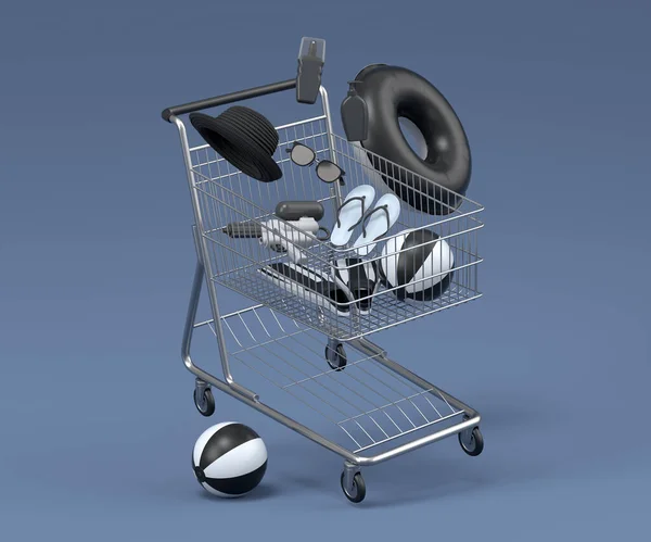 Colorful Beach Accessories Shopping Trolley Black White Background Render Summer — 스톡 사진