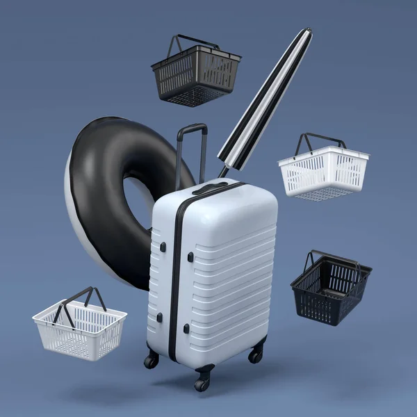 Colorful luggage with beach accessories and shopping basket flying on black and white background. 3D render of summer vacation concept and holidays