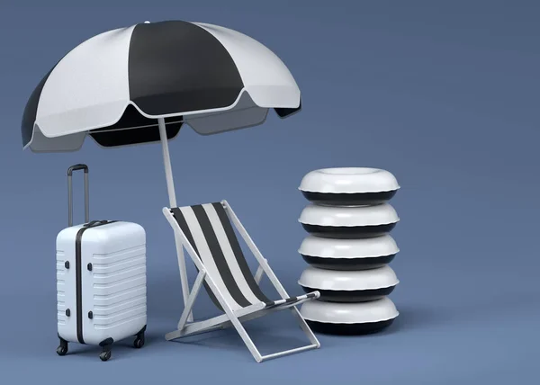 Colorful Beach Rings Chair Umbrellas Lugagge Black White Background Render — Stok fotoğraf