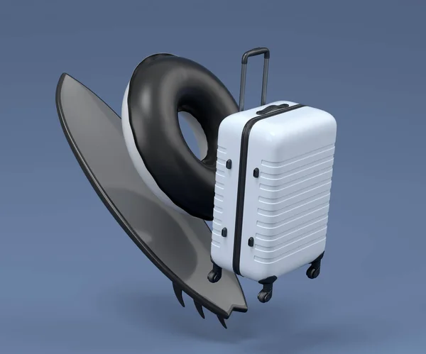 Luggage with beach ring and surf board on black and white background. 3D render of summer vacation concept and holidays