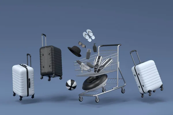 Colorful Luggage Beach Accessories Shopping Trolley Black White Background Render — Foto Stock