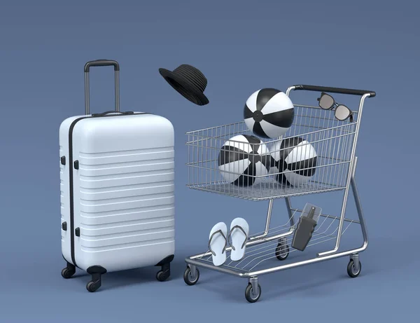 Colorful Luggage Beach Accessories Shopping Trolley Black White Background Render – stockfoto