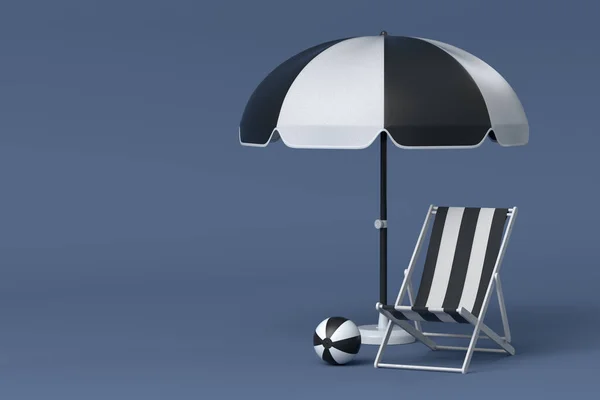 Beach chair with umbrella and beach ball on black and white background. 3D render of summer vacation concept
