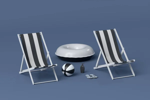 Καρέκλα Παραλίας Φουσκωτό Δαχτυλίδι Και Μπάλα Θαλάσσης Ασπρόμαυρο Φόντο Καθιστούν — Φωτογραφία Αρχείου