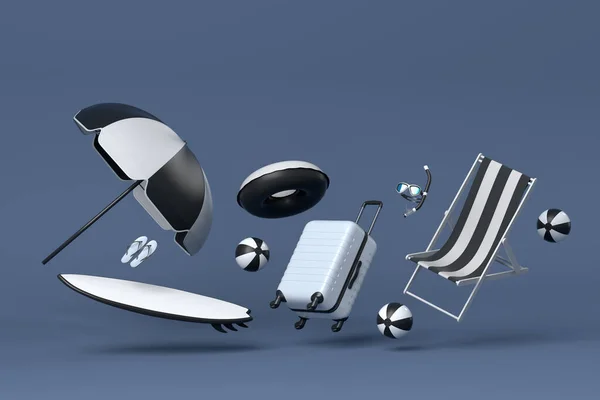 Suitcase Beach Accessories Surf Umbrella Chair Black White Background Render — Stok Foto