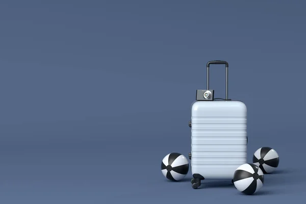 Suitcase Beach Ball Flip Flops Black White Background Render Summer — Zdjęcie stockowe