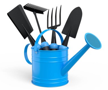 Beyaz arka planda kürek, tırmık ve çatal gibi bahçe aletleriyle sulama tenekesi. 3D bahçe işleri ve tarım malzemeleri kavramı