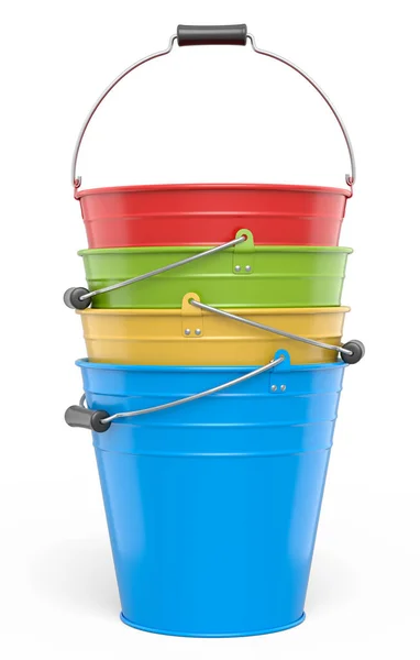 Set Metal Garden Buckets Isolated White Background Render Care Hydration — Stock Photo, Image