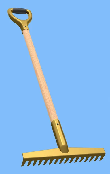 Garden Rake Wooden Handle Harvesting Hay Isolated Blue Background Render — Stockfoto