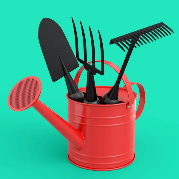 Watering can with garden tools like shovel, rake and fork on green background. 3d render concept of horticulture and farming supplies