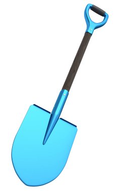 Beyaz arka planda izole edilmiş tahta saplı bahçe küreği. Çiftlik ve yaz kampı için 3D bahçe aletleri ve ekipman.