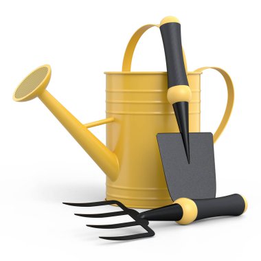 Beyaz arka planda kürek, tırmık ve çatal gibi bahçe aletleriyle sulama tenekesi. 3D bahçe işleri ve tarım malzemeleri kavramı
