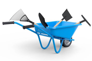 Bahçe el arabası, arka planda kürek, tırmık ve çatal gibi aletlerle. El arabası ya da direksiyonlu bir araba. Kargo taşımacılığı için 3D tarım bahçesi oluşturma aracı.