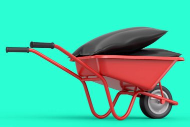 Garden wheelbarrow isolated on green background. Handcart or cart with bags. 3d render of farm gardening tool for carriage of cargoes.
