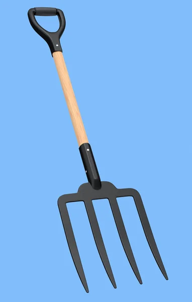 Garden Pitchfork Wooden Handle Harvesting Hay Isolated Blue Background Render — 스톡 사진