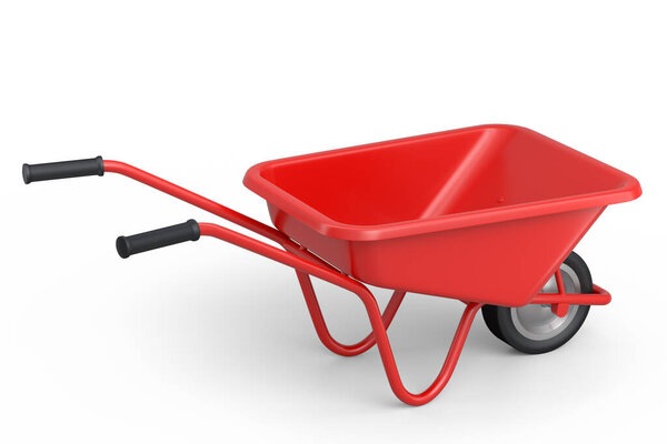 Садовая тачка изолирована на белом фоне. Тележка с колесом. 3d Оказание сельскохозяйственного садоводческого инструмента для перевозки грузов.