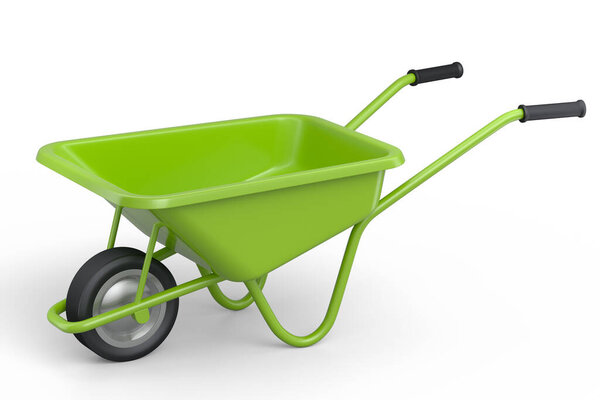 Садовая тачка изолирована на белом фоне. Тележка или тележка с колесом. 3d Оказание сельскохозяйственного садоводческого инструмента для перевозки грузов.