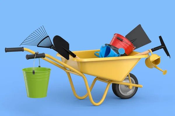 Garden wheelbarrow with garden tools like shovel, watering can and fork on blue background. Handcart or cart with wheel. 3d render of farm gardening tool for carriage of cargoes.