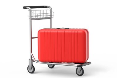Beyaz arka planda bagaj taşımak için otel vagonunda normal polikarbonat bavulu. 3D seyahat konsepti. Tatil ve bagaj taşımacılığı.