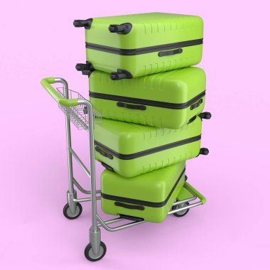 Regular polycarbonate suitcase on hotel trolley cart for carrying baggage on pink background. 3d render travel concept of hotel service on vacation and luggage transportation